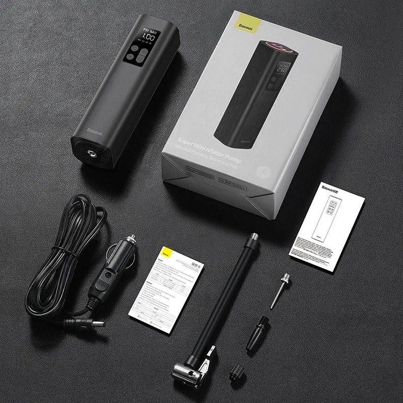 Inflate tires fast with the Baseus Smart Tire Inflator—12V, 150 PSI, LED display & auto shut-off. Perfect for cars, bikes, motorcycles, and emergencies.