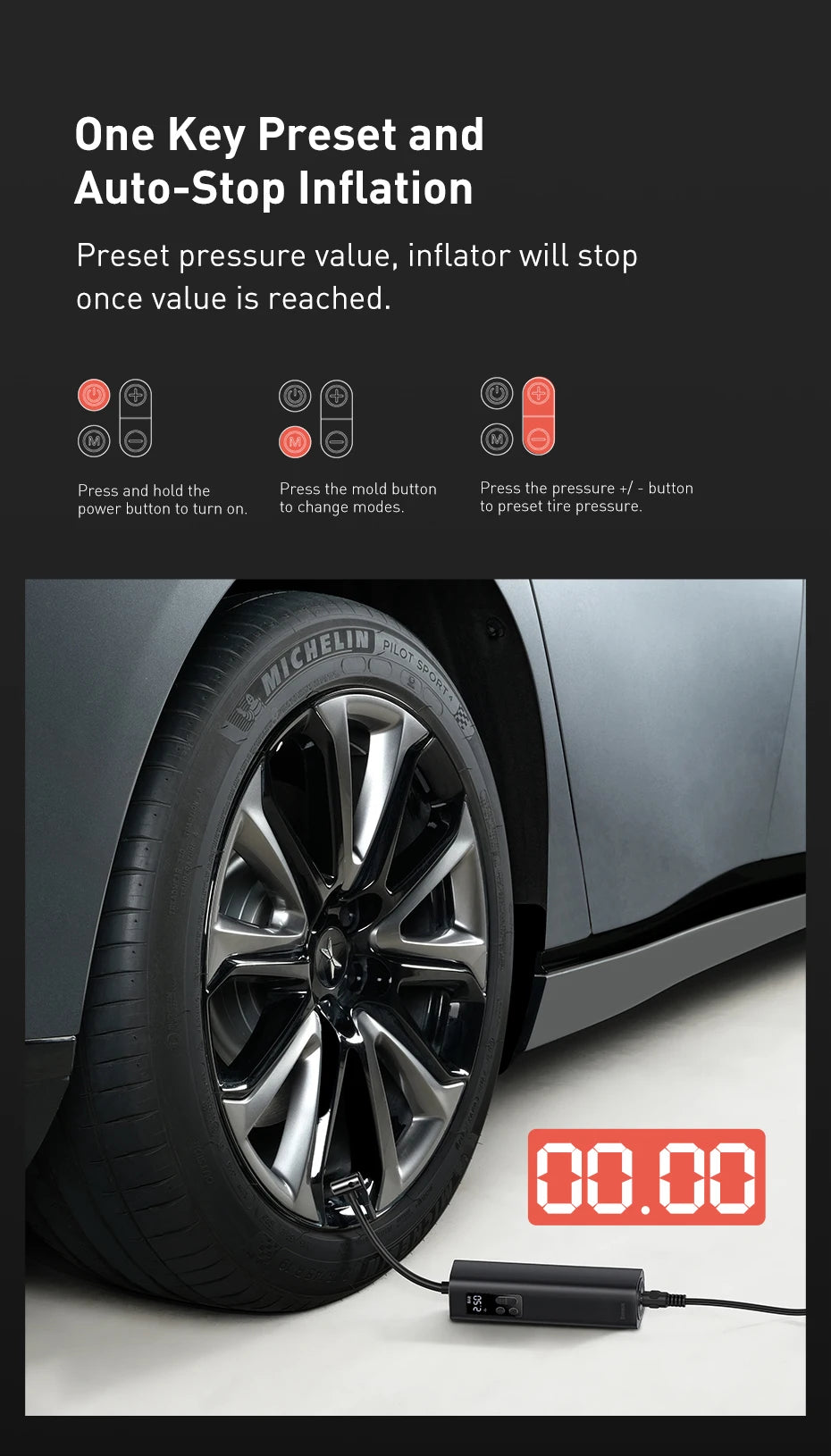Inflate tires fast with the Baseus Smart Tire Inflator—12V, 150 PSI, LED display & auto shut-off. Perfect for cars, bikes, motorcycles, and emergencies.